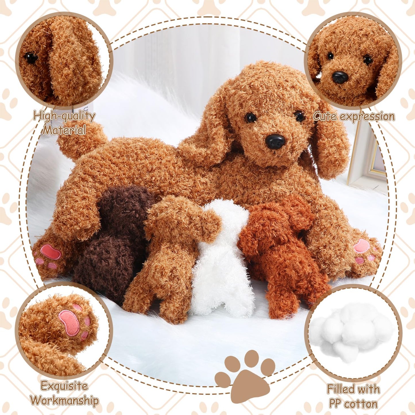 Honoson Nurturing Dog Mommy Plush Set With 4 Baby Puppies - Soft Cute Themed Stuffed Toys for Kids, Girls, Boys - Easter Birthday Gifts (Curly Dog)