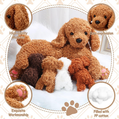 Honoson Nurturing Dog Mommy Plush Set With 4 Baby Puppies - Soft Cute Themed Stuffed Toys for Kids, Girls, Boys - Easter Birthday Gifts (Curly Dog)