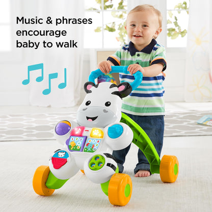 Fisher-Price Learn with Me Zebra Walker First Steps Baby Walker Push Along Toy with Lights, Music, Baby Girl and Baby Boy Toys Hands-On Toddler Baby Push Along Walker UK English Version, GXC31