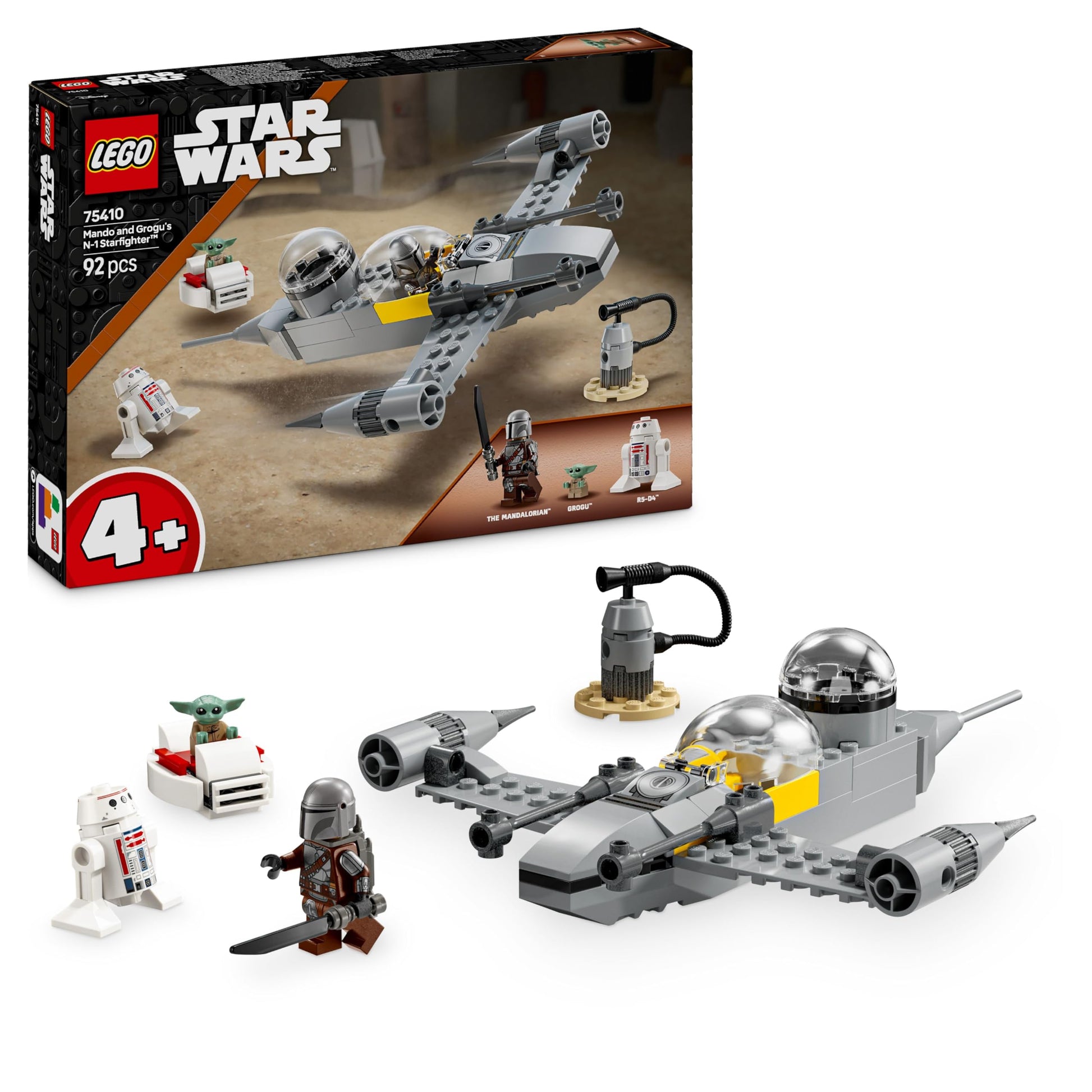 LEGO Star Wars 75410 Mando and Grogu's N-1 Starfighter set with minifigures and fueling station for imaginative play.