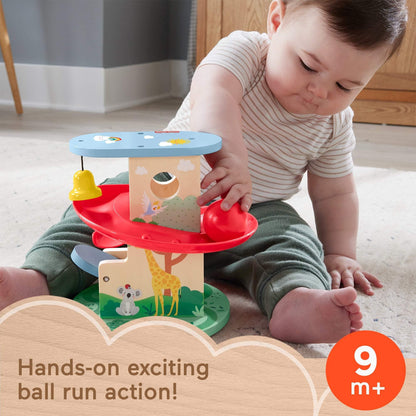 Fisher-Price wooden tree house ball run toy for babies and toddlers with two wooden pieces for infants 9 months and up.