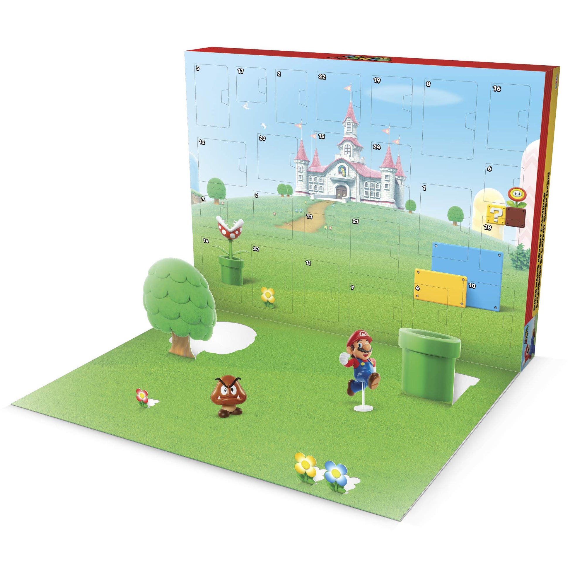 Super Mario Super Mario Advent Calendar with 24 days of surprises, featuring small figures of Mario characters and accessories.