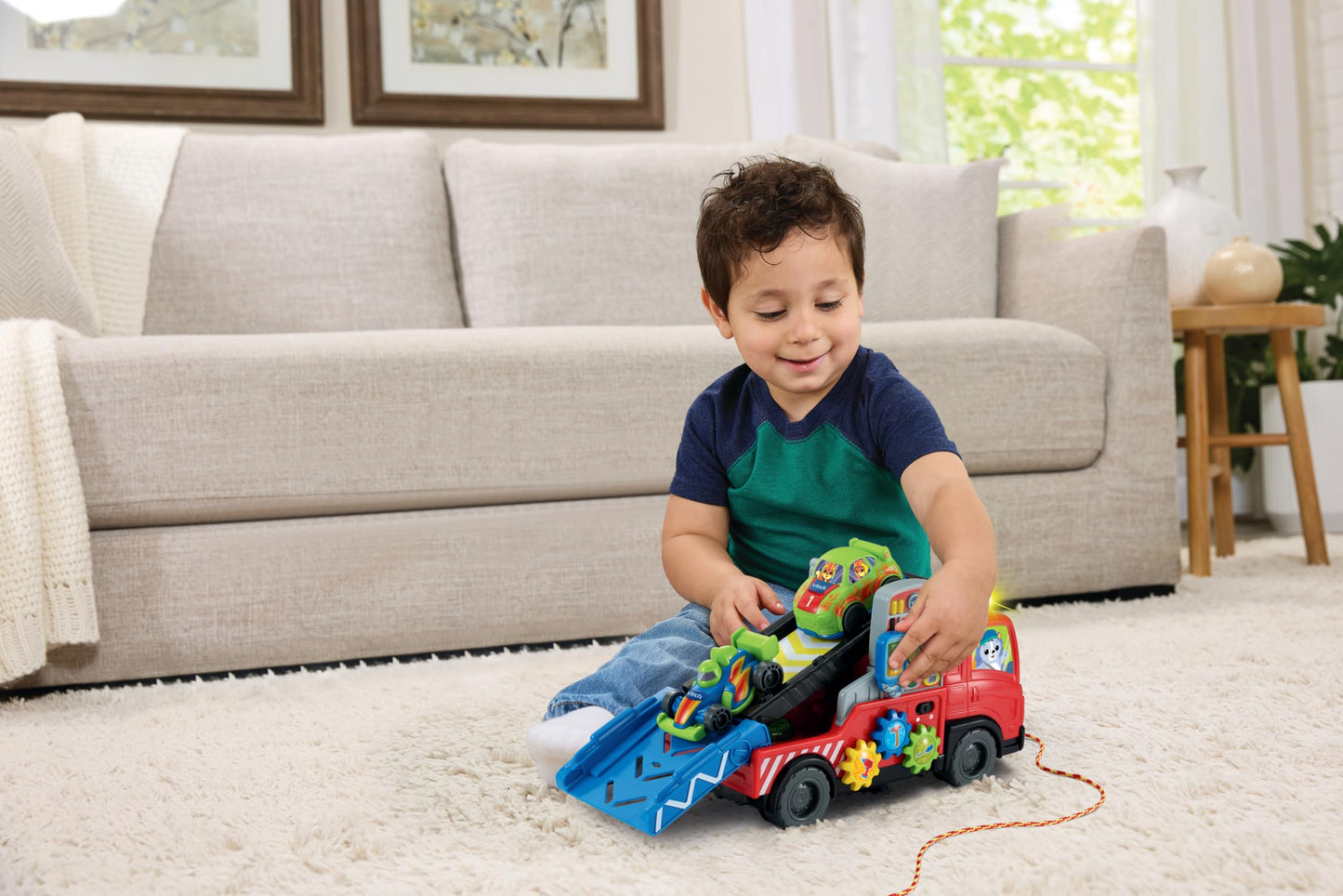 VTech Road Rescue Car Carrier, Interactive Car Carrier Truck, Includes 2 Cars, 55+ Sound Effects, Motor Skills Development, Suitable for Ages 12, 18, 24 Months, English Version