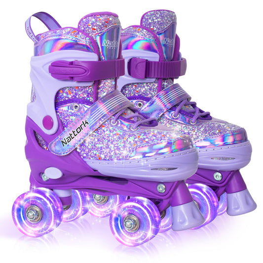 Nattork Kids roller skates for girls with light-up wheels, adjustable sizes, safety gear, suitable for ages 3-12, indoor and outdoor use.