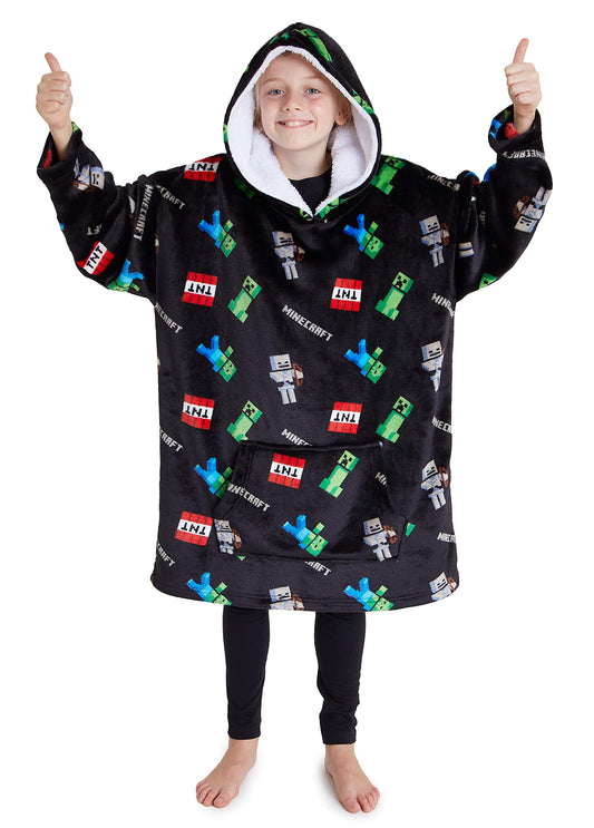 Minecraft Hoodie Blanket Boys Teens, Creeper Wearable Blanket Hooded Loungewear, Oversized Fleece Poncho, Gamer Gifts for Boys (Black)
