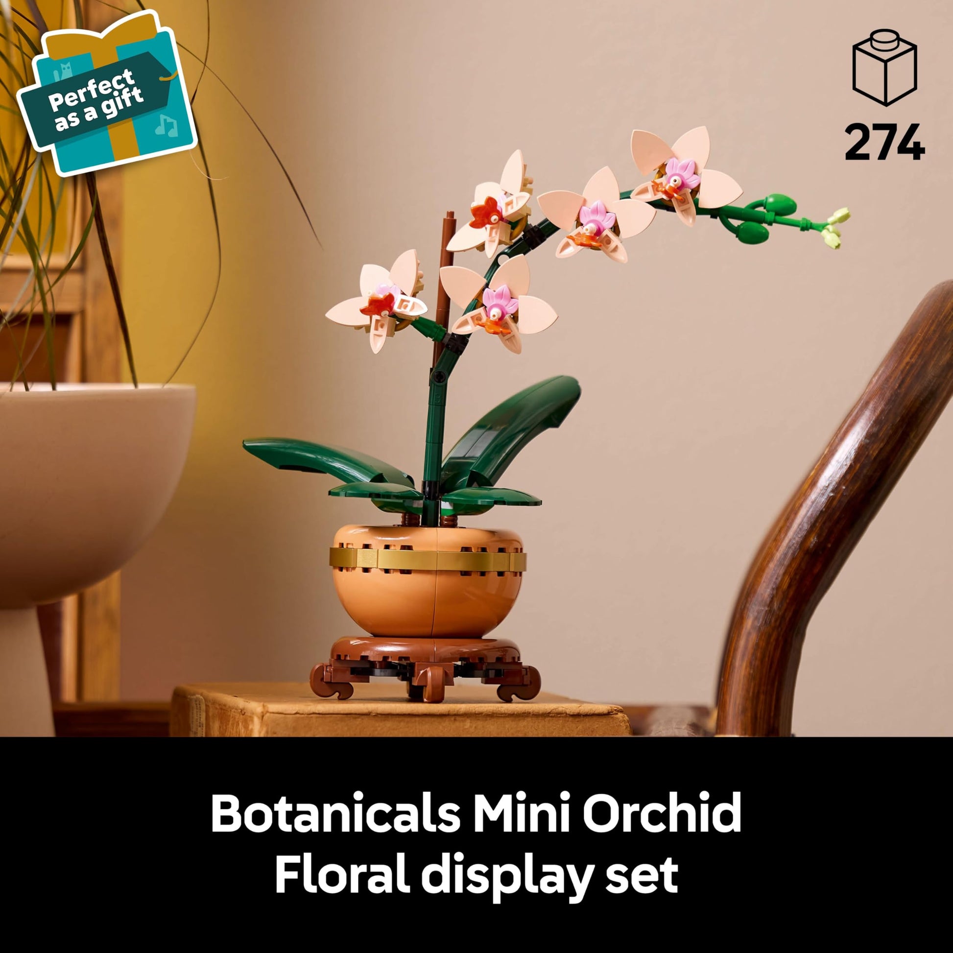 LEGO Botanicals Mini Orchid set with artificial flowers in a terracotta-style pot, ideal for indoor decor.