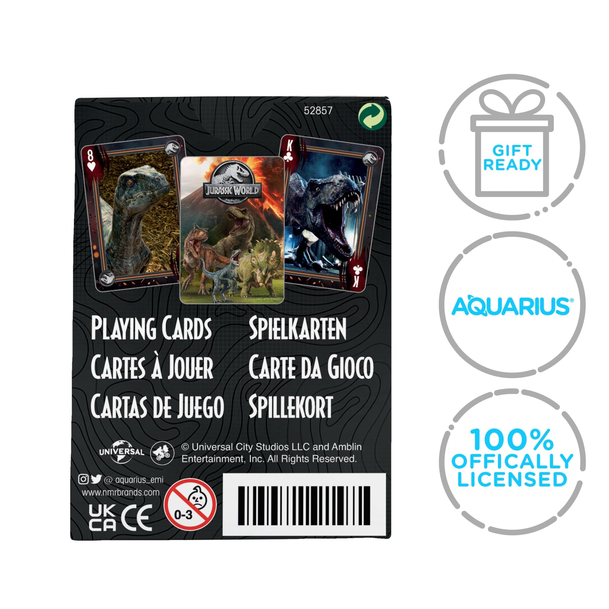 AQUARIUS Jurassic World playing cards featuring dinosaur-themed artwork, official Jurassic World merchandise, and collectible card design.