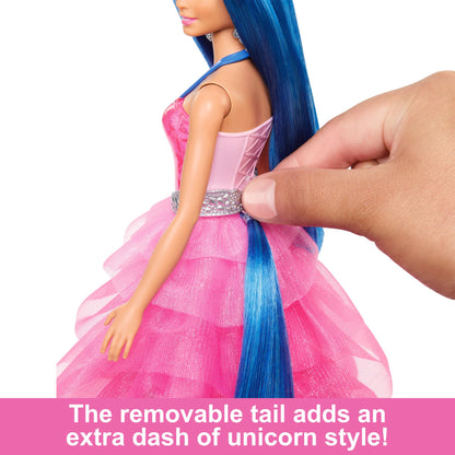 Barbie 65th Anniversary Unicorn Toy doll with blue hair, pink gown, sapphire wings, and a pet alicorn.