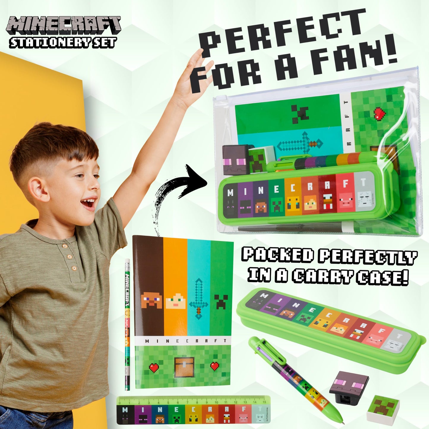 Minecraft Pencil Case and Stationery Set for Kids Filled Pencil Pouch Notebook Sticky Notes Pencils Creeper School Supplies Gamer Gifts for Kids (Green/Multi)