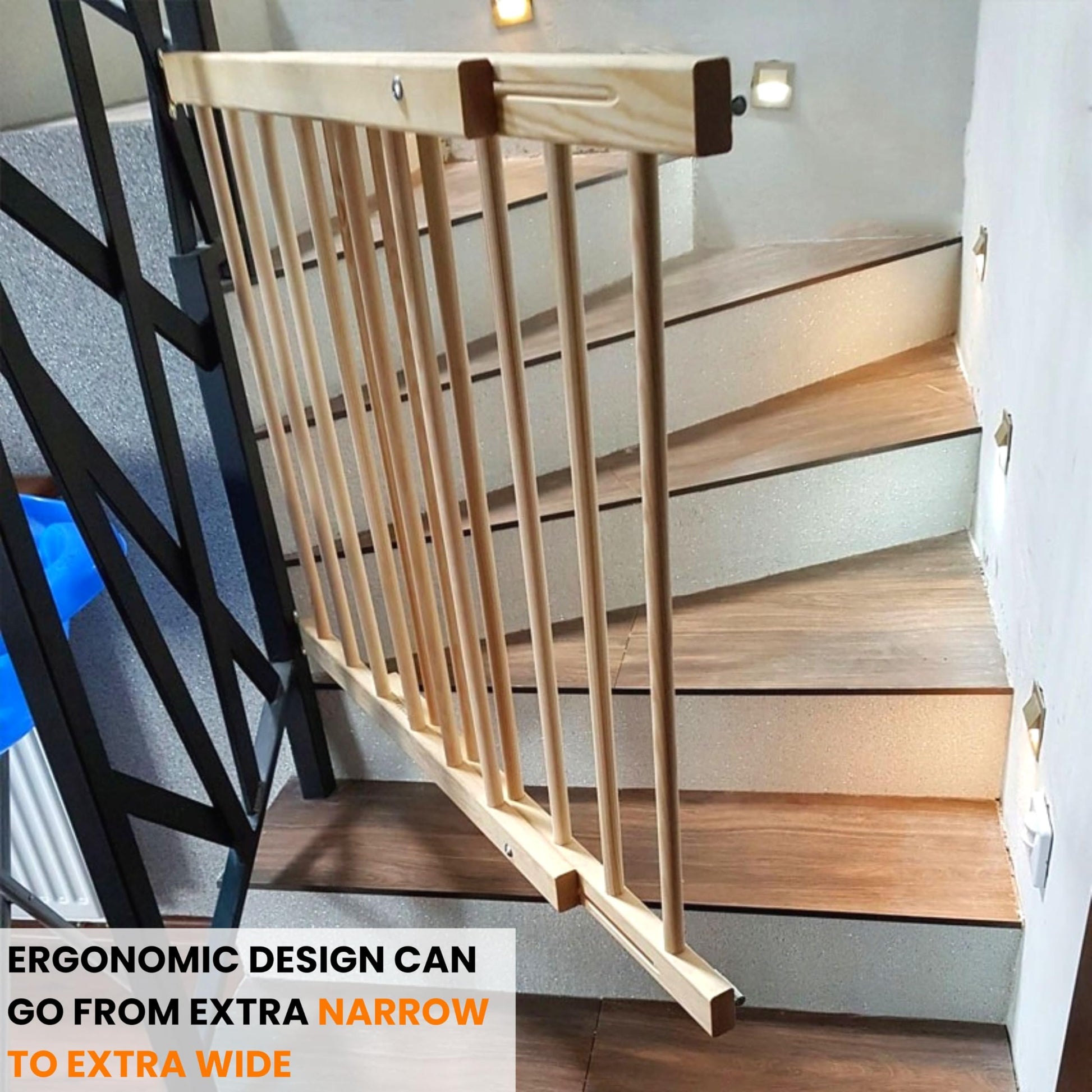 Extendable wooden baby gate by NOVECRAFTO with lock, suitable for doorways, stairs, pets, and babies, measuring 28.3-48 inches.