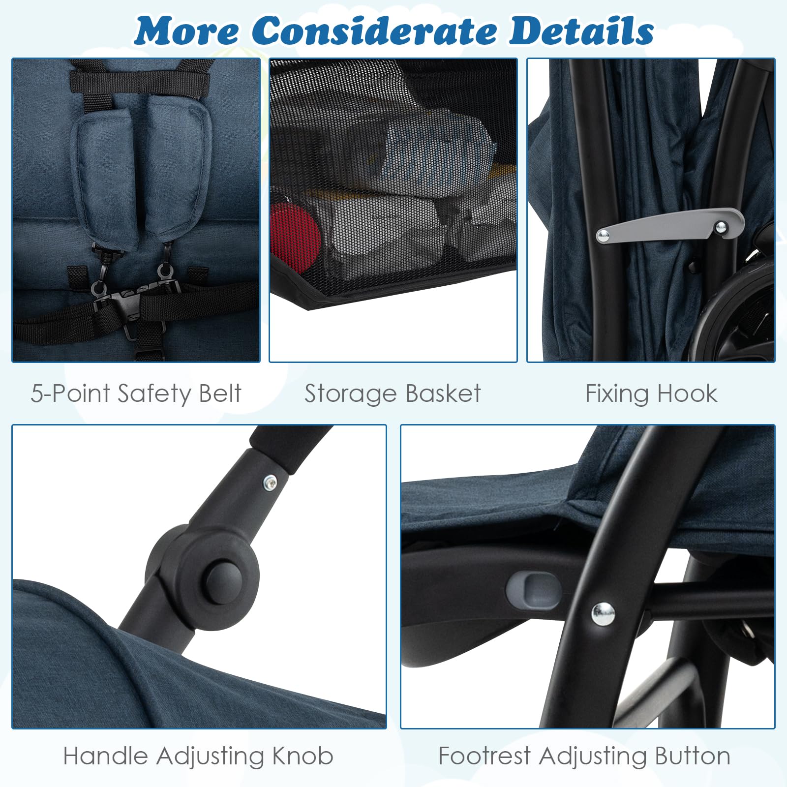 COSTWAY double seat pushchair with navy fabric, foldable tandem stroller, adjustable backrests, sunshade, safety belts, and storage basket.