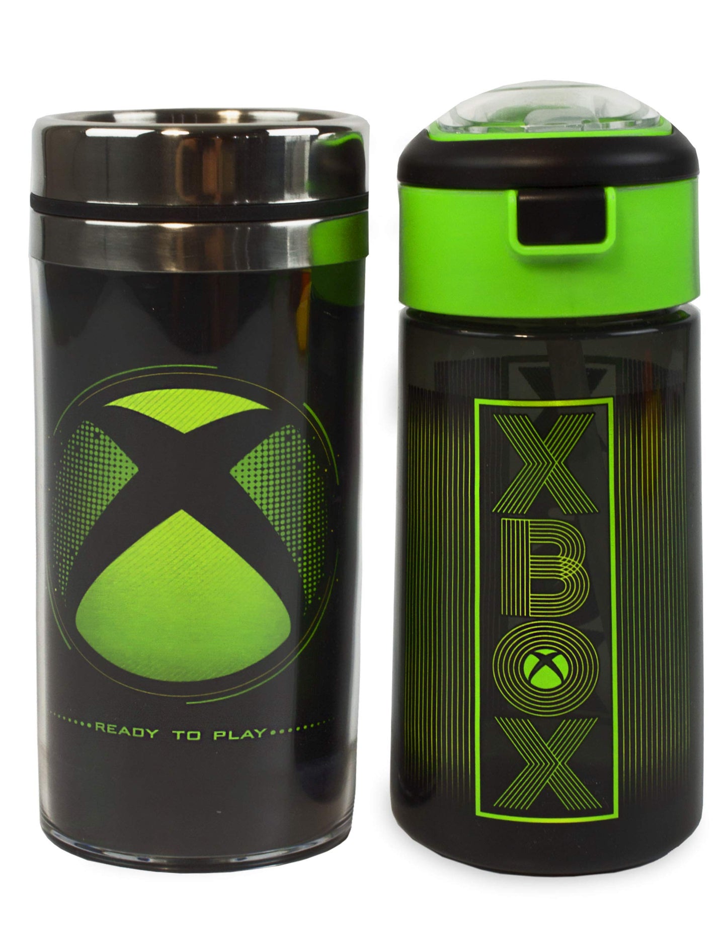 Xbox water bottle and travel mug gift set with black and green stainless steel cups, 18oz gaming sports drink and 14oz flask.