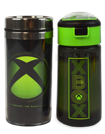 Xbox water bottle and travel mug gift set with black and green stainless steel cups, 18oz gaming sports drink and 14oz flask.