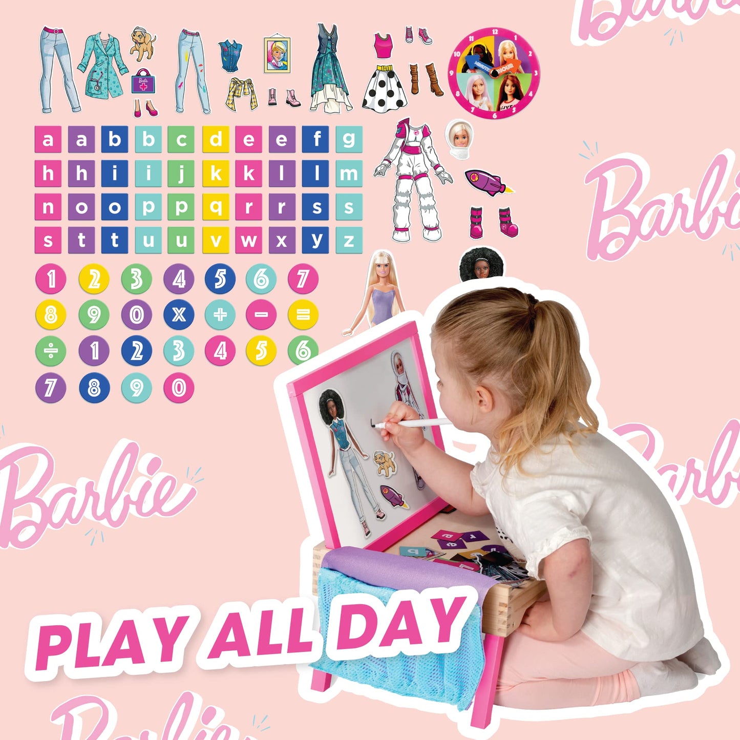 Barbie 2-in-1 magnetic whiteboard and lap tray for kids, featuring colorful writing surface and educational activity space.