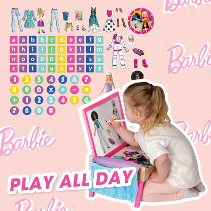 Barbie 2-in-1 magnetic whiteboard and lap tray for kids, featuring colorful writing surface and educational activity space.