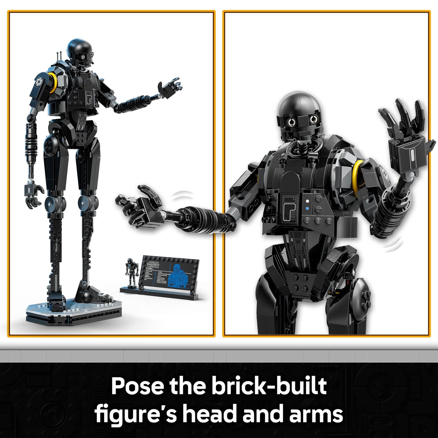 LEGO Star Wars 75434 K-2SO Security Droid figure, posable with an information plaque, displayed on a neutral background.