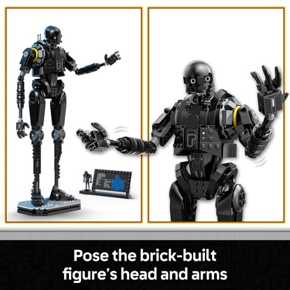 LEGO Star Wars 75434 K-2SO Security Droid figure, posable with an information plaque, displayed on a neutral background.