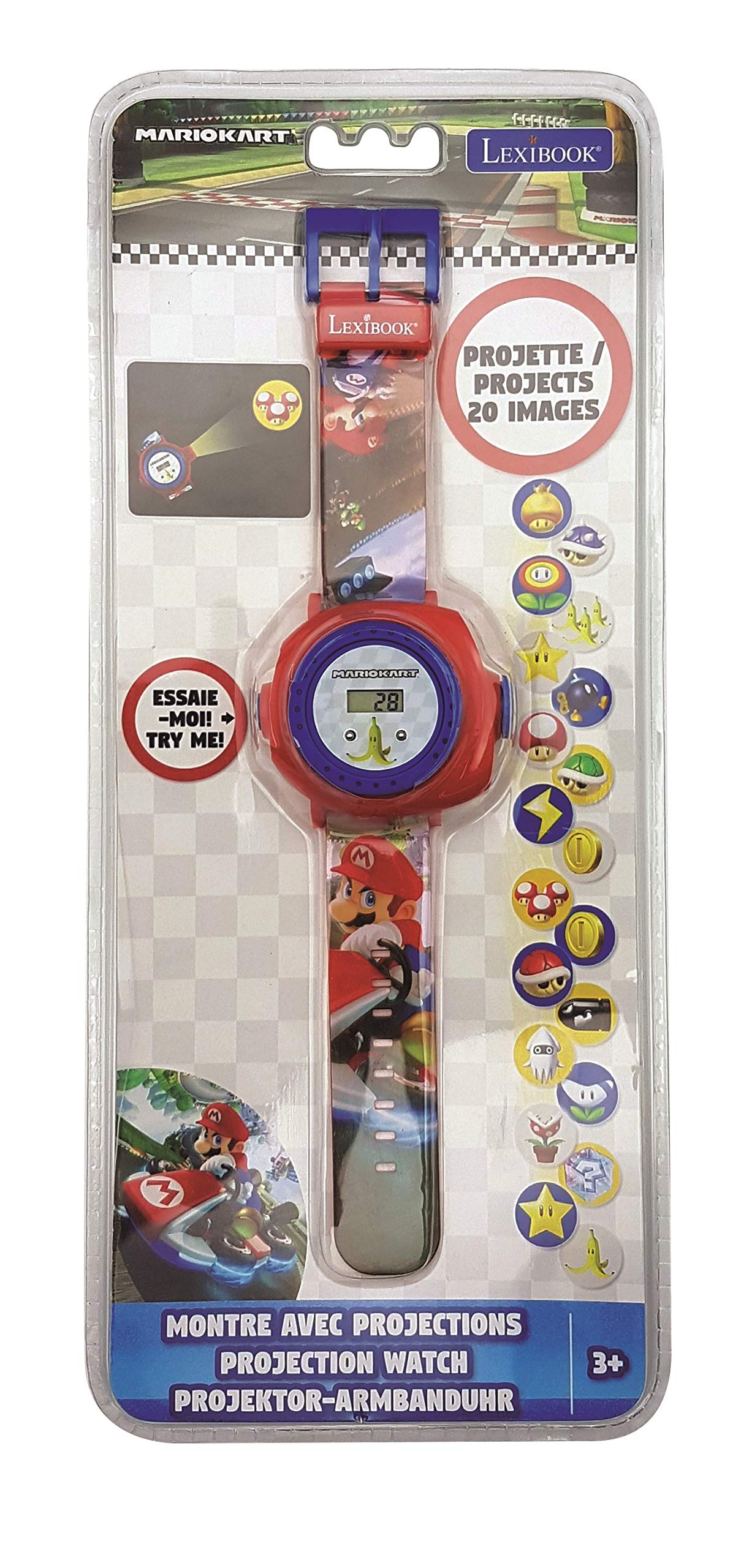 LEXIBOOK Nintendo Mario Kart projection watch with digital screen, red and blue band, featuring Mario Kart images for children.