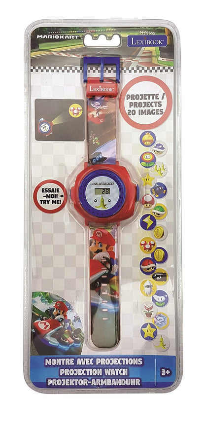 LEXIBOOK Nintendo Mario Kart projection watch with digital screen, red and blue band, featuring Mario Kart images for children.