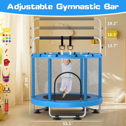 ZCMHAXJ 55" Trampoline for Kids with Enclosure, 440lbs Capacity Indoor & Outdoor Toddler Trampoline with Adjustable Gymnastics Bar & Toys, Gifts for Boys & Girls