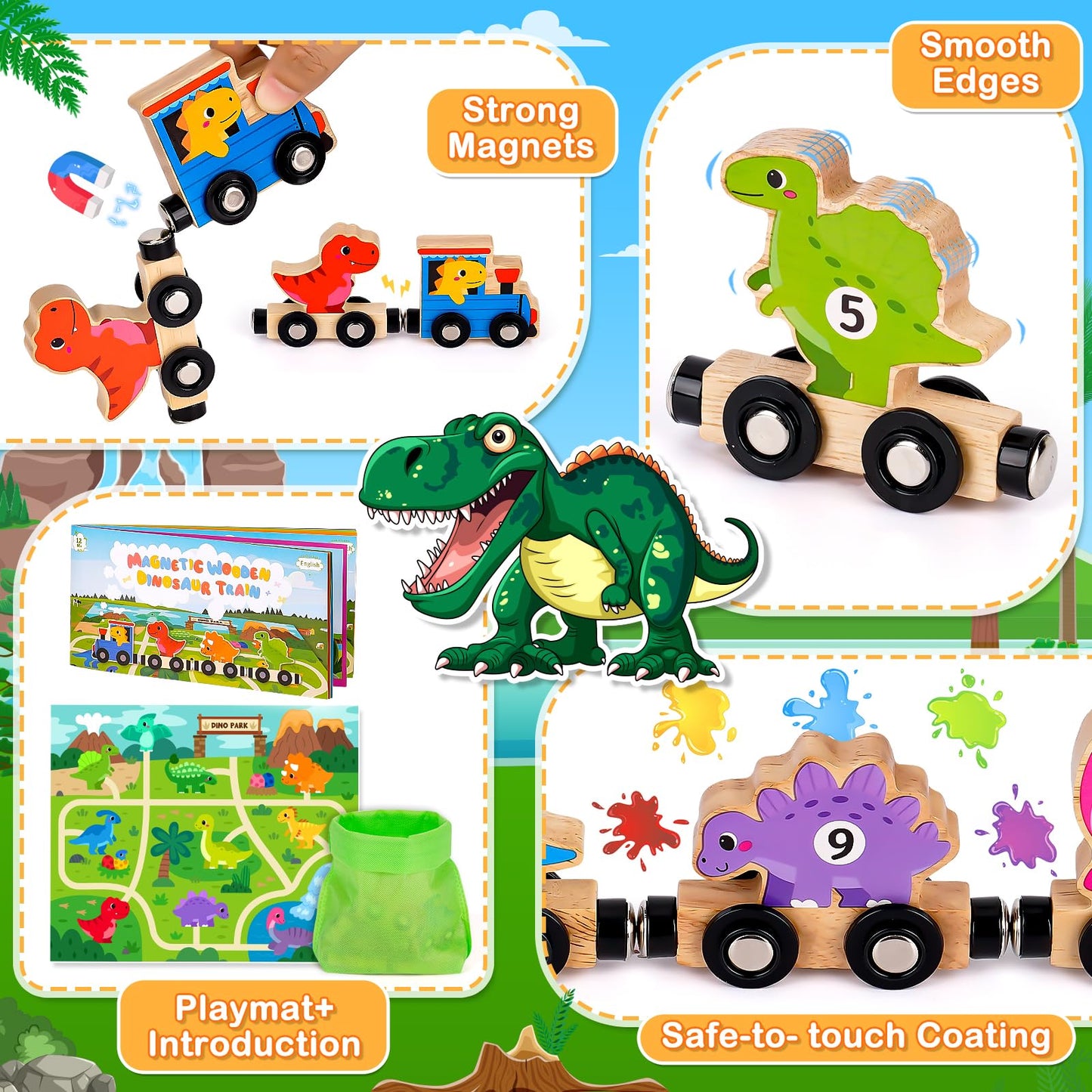 Wooden magnetic dinosaur train toys for toddlers, featuring colorful dinosaurs and educational design for ages 1-3 by lelechong.