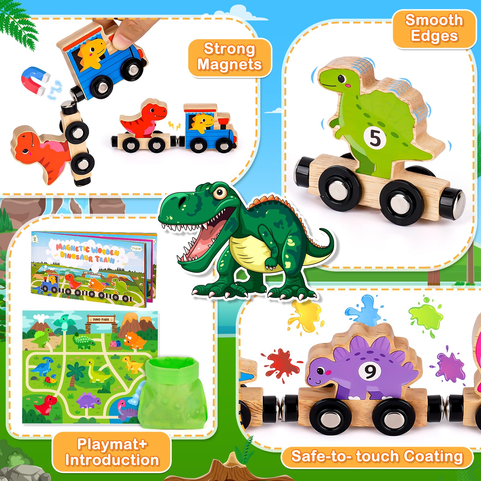 Wooden magnetic dinosaur train toys for toddlers, featuring colorful dinosaurs and educational design for ages 1-3 by lelechong.