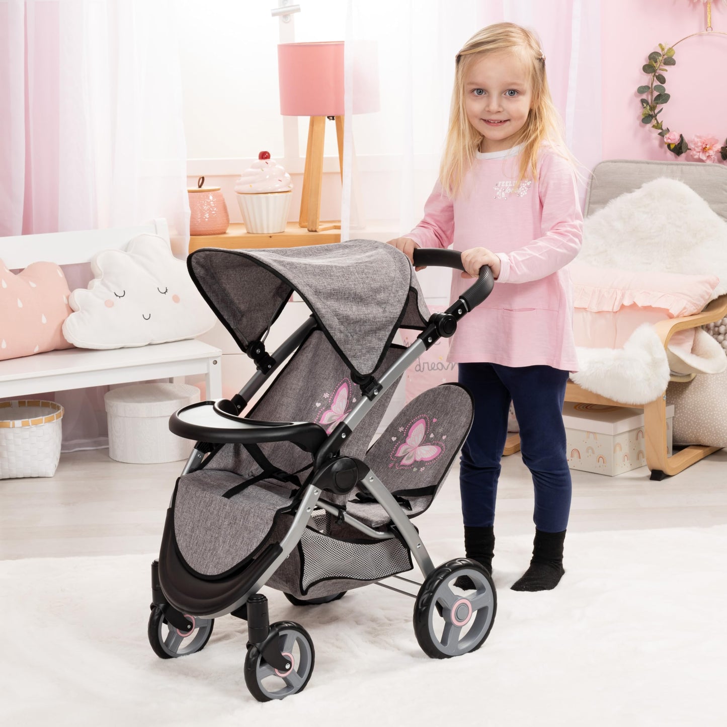 Bayer Twin Dolls Pram foldable double stroller for 46cm dolls with adjustable handle, basket, changing bag, suitable for girls aged 3+