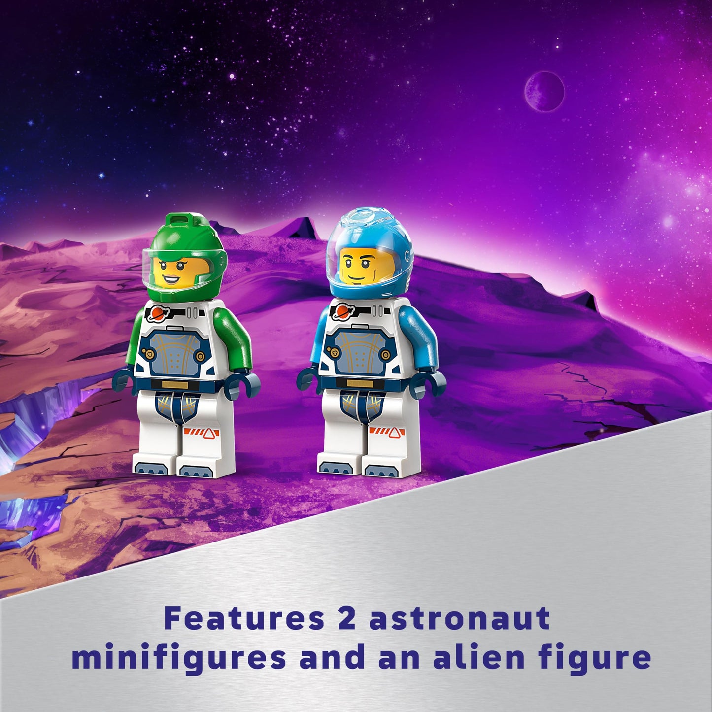 LEGO City Spaceship and Asteroid Discovery Set featuring an alien figure and two astronaut minifigures for imaginative play.