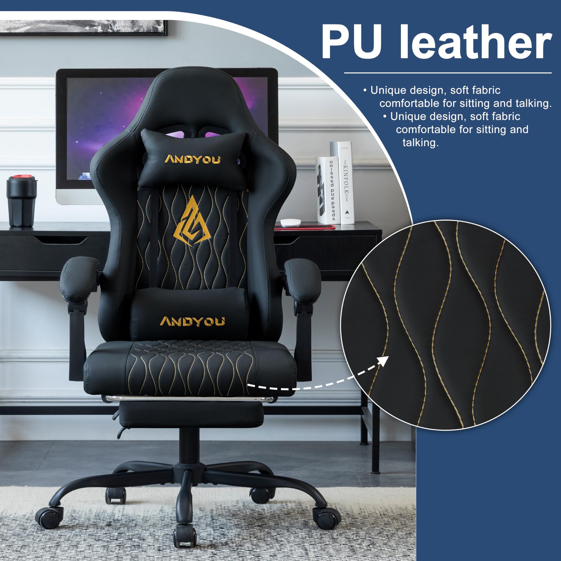 Andyou gaming chair with footrest, ergonomic design, lumbar support, adjustable swivel, PU leather, suitable for adults.