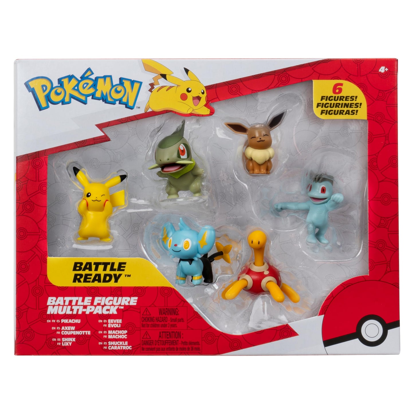 Pokémon Battle Figure 6 Pack with 2-inch figures of Pikachu, Shuckle, Axew, Shinx, Eevee, and Machop displayed together.
