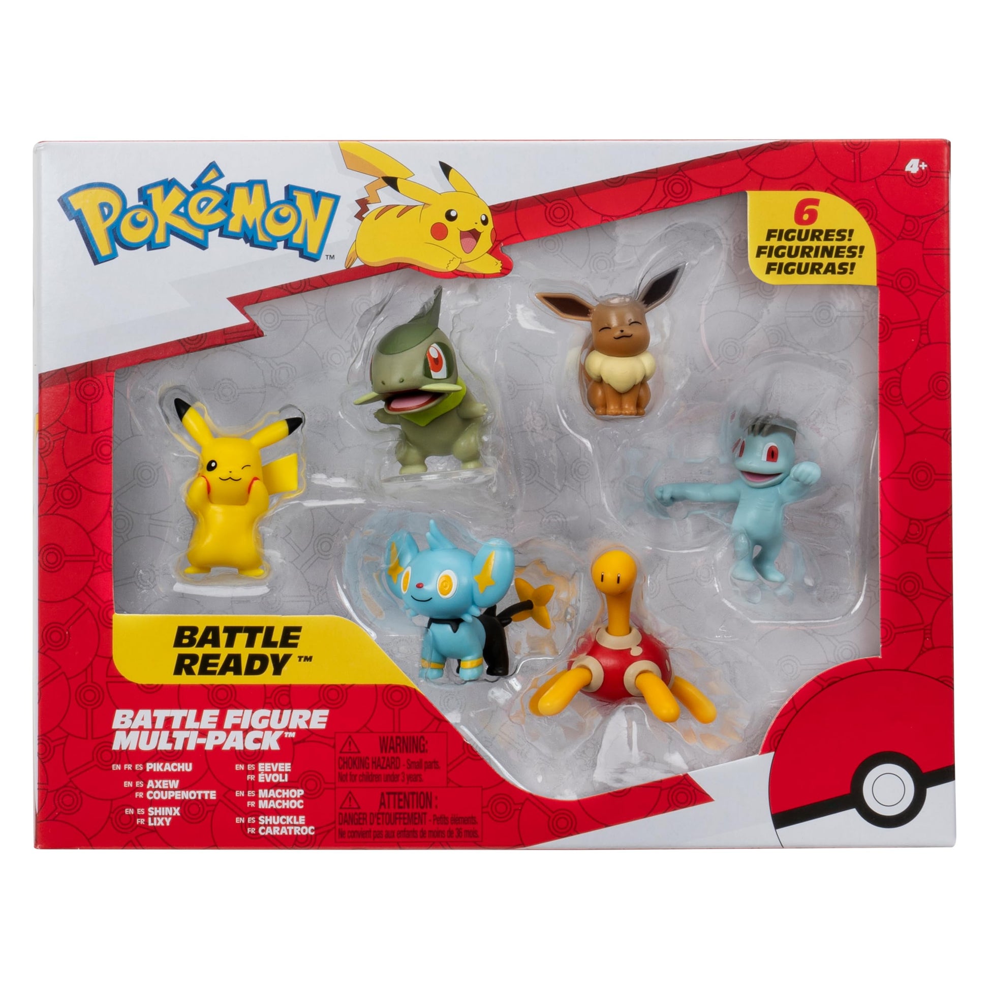 Pokémon Battle Figure 6 Pack with 2-inch figures of Pikachu, Shuckle, Axew, Shinx, Eevee, and Machop displayed together.