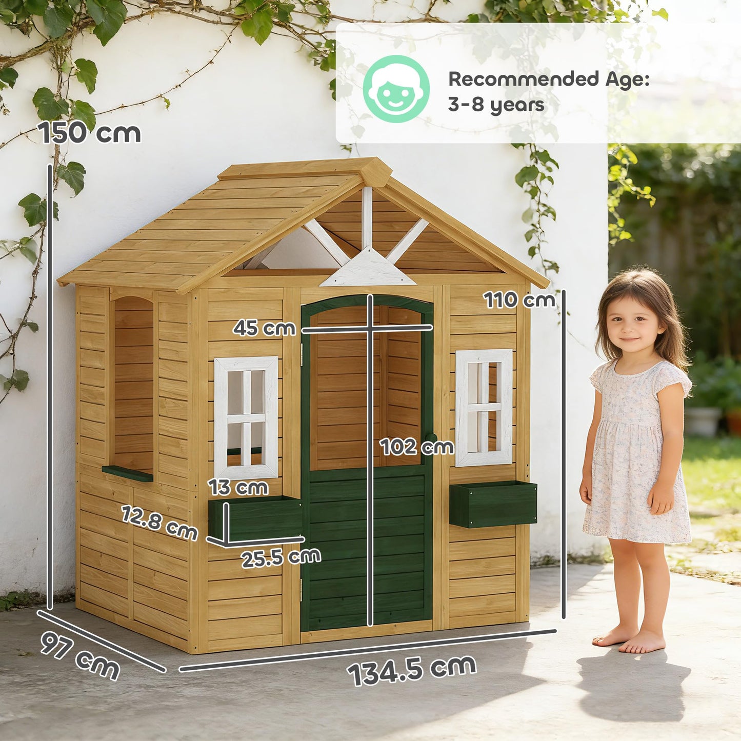 AIYAPLAY wooden outdoor playhouse for kids with working door, windows, flower boxes, ideal for imaginative play ages 3-8