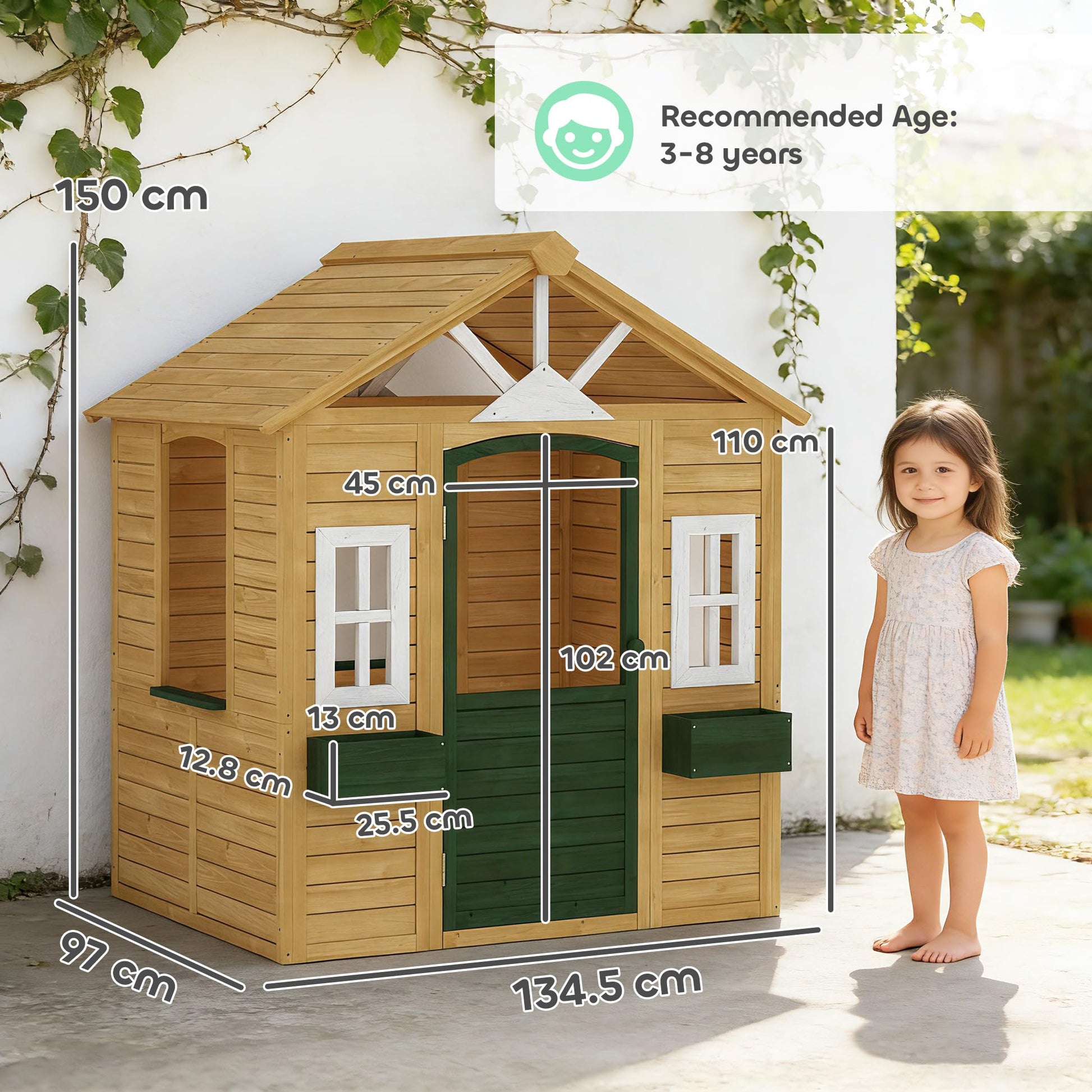 AIYAPLAY wooden outdoor playhouse for kids with working door, windows, flower boxes, ideal for imaginative play ages 3-8