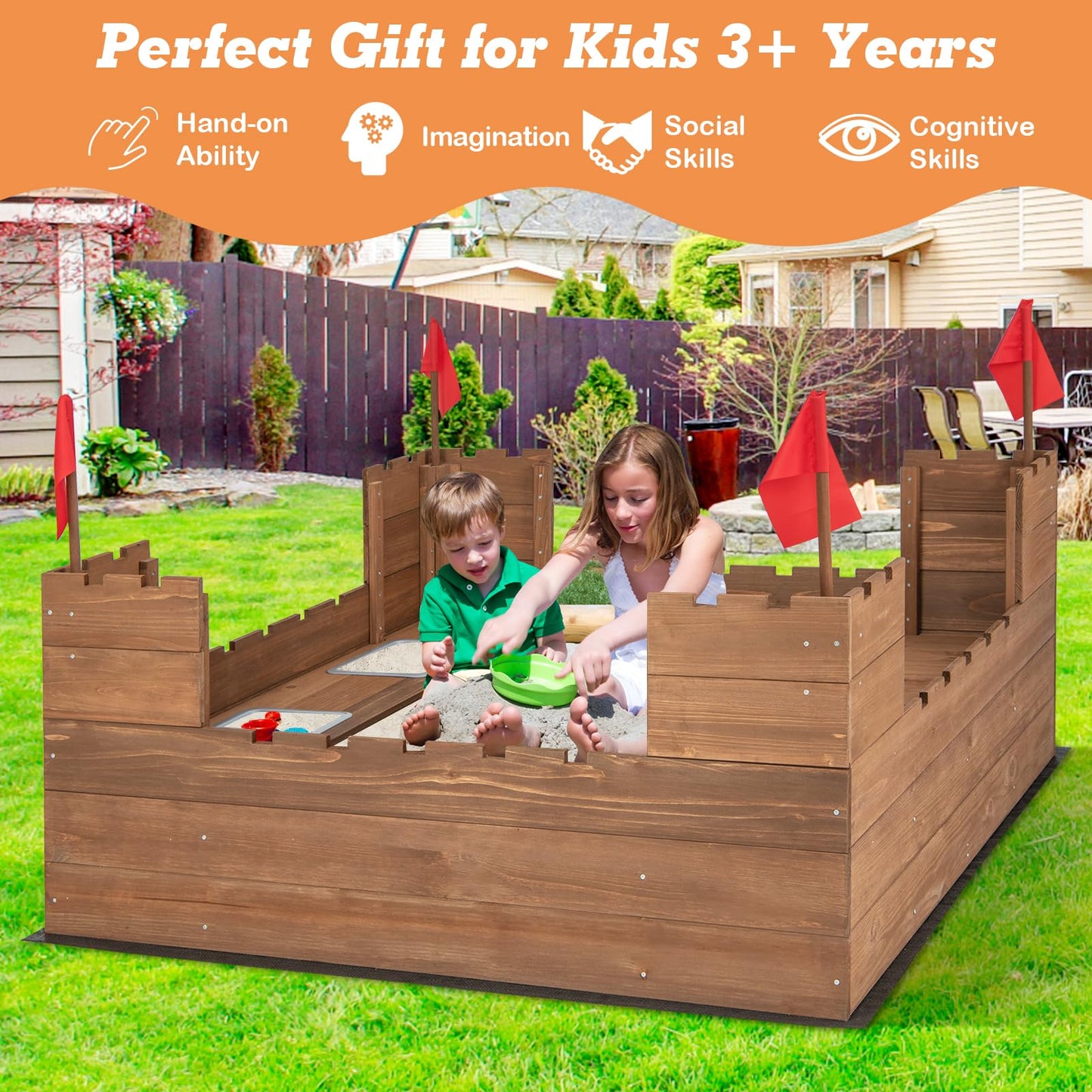 COSTWAY Kids Wooden Sandpit, 116x113cm Sand Play Station with Built-in Bench Seats, Storage Boxes, Flags and Protective Bottom Liner, Children Sandbox for Garden Bench