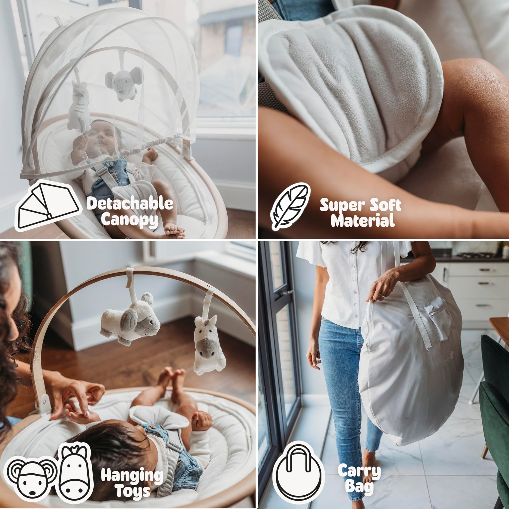 BooBoo Baby swing and bouncer seat with Bluetooth audio, toy bar, remote control, and portable design for soothing infants.