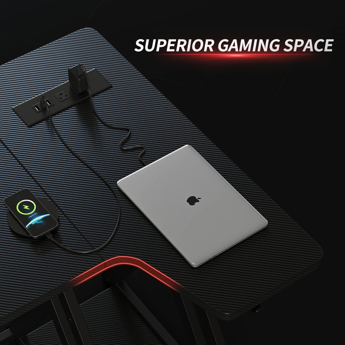 CubiCubi black L-shaped gaming desk with LED lights, monitor stand, shelves, hooks, and power outlets for home office or gaming setup.