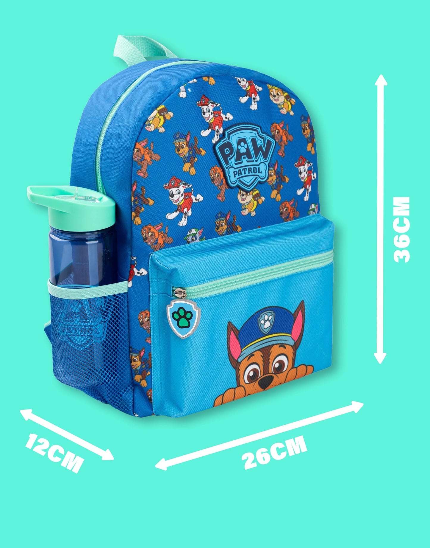 Paw Patrol Boys and Girls Backpack Set | Kids 4 Piece Blue & Green Rucksack Bundle with School Bag, Pencil Case, Lunch Bag & Water Bottle | Chase Dog Crew Graphic Matching Set | Back to School