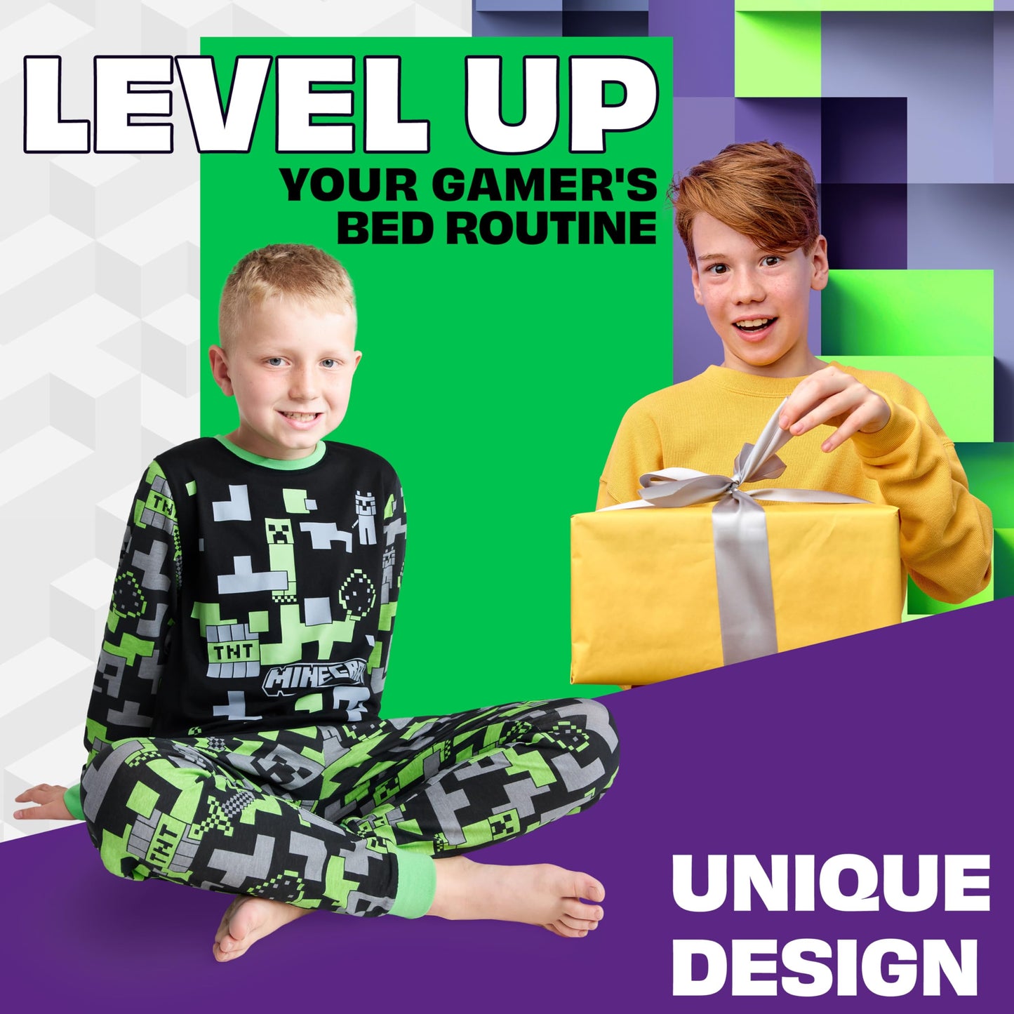 Minecraft Boys Pyjamas Set - Cotton Lounge Wear Long Top and Bottoms Teenagers Kids PJs 7-14 Years Gamer Gifts for Boys (Black/Green, 7-8 Years)