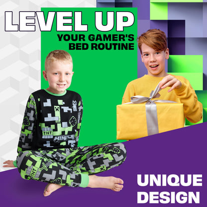 Minecraft Boys Pyjamas Set - Cotton Lounge Wear Long Top and Bottoms Teenagers Kids PJs 7-14 Years Gamer Gifts for Boys (Black/Green, 7-8 Years)