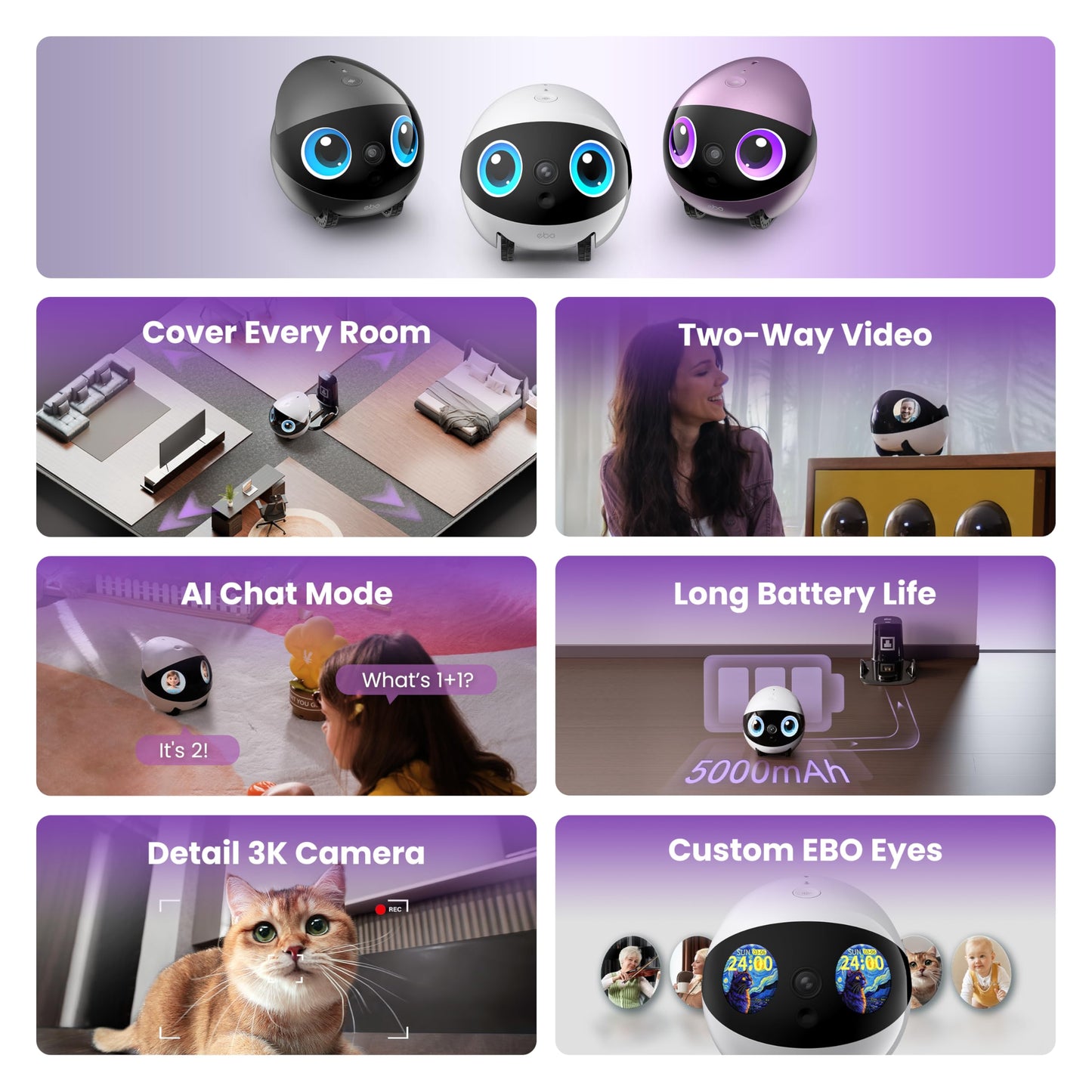 Enabot EBO Air 2 Plus FamilyBot AI mobile robot with 3K security camera, night vision, pet camera, and 2-way audio for home surveillance.