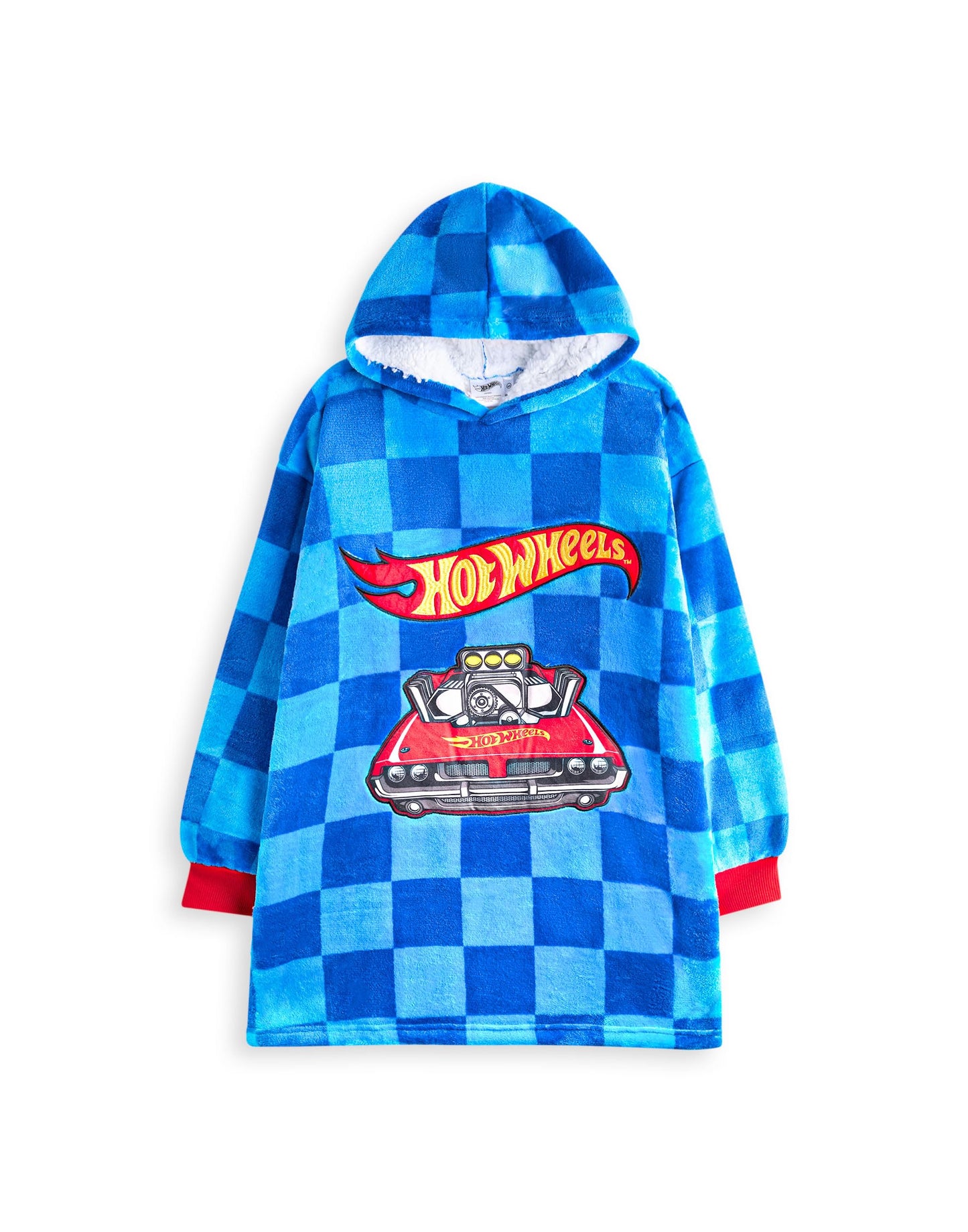 Hot Wheels Boys Wearable Blanket Hoodie | Children's Oversized Fleece Pullover in Blue with Printed Car Shaped Pocket | Kids Racing Flame Logo Hooded Loungewear | Toy Car Collectors Merchandise Gift