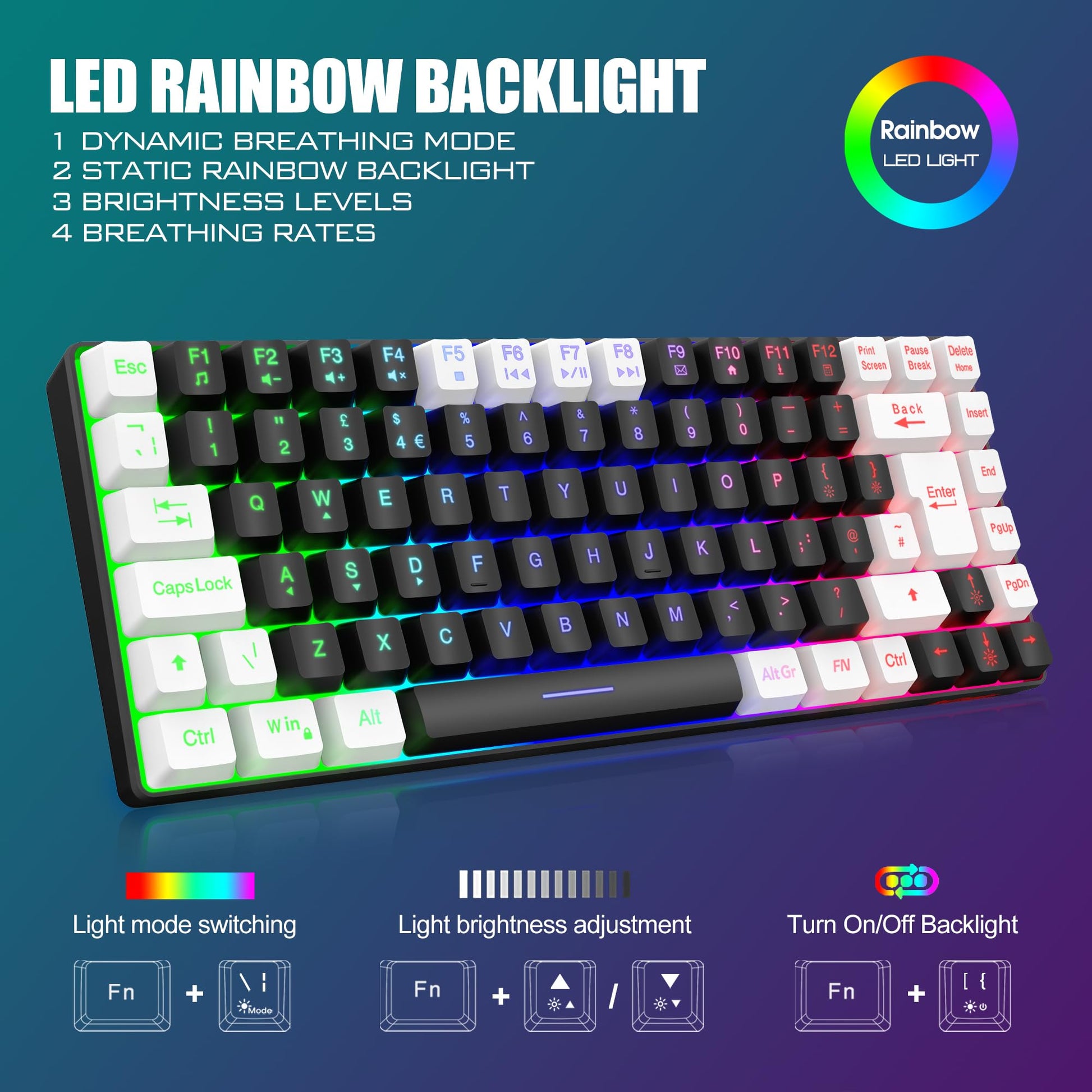 RedThunder K84 wireless gaming keyboard and honeycomb mouse with rainbow backlight, UK layout, compact design for PC, Mac, PS5 gaming.