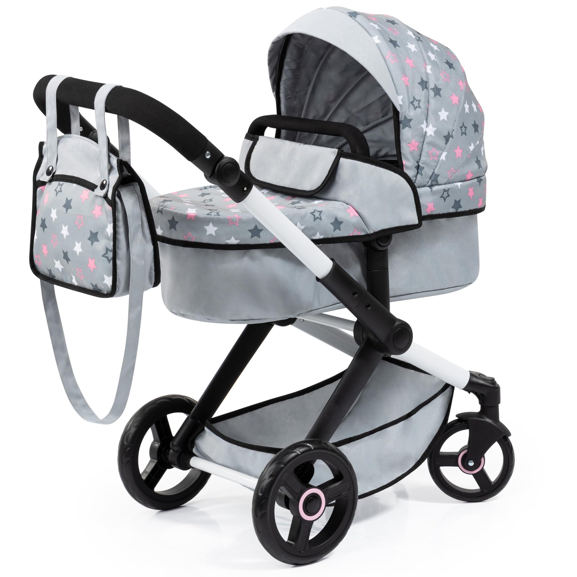 Bayer Baby Dolls Pram XEO in light grey and pink stars, convertible doll pushchair with adjustable handle for 3-5 year olds.