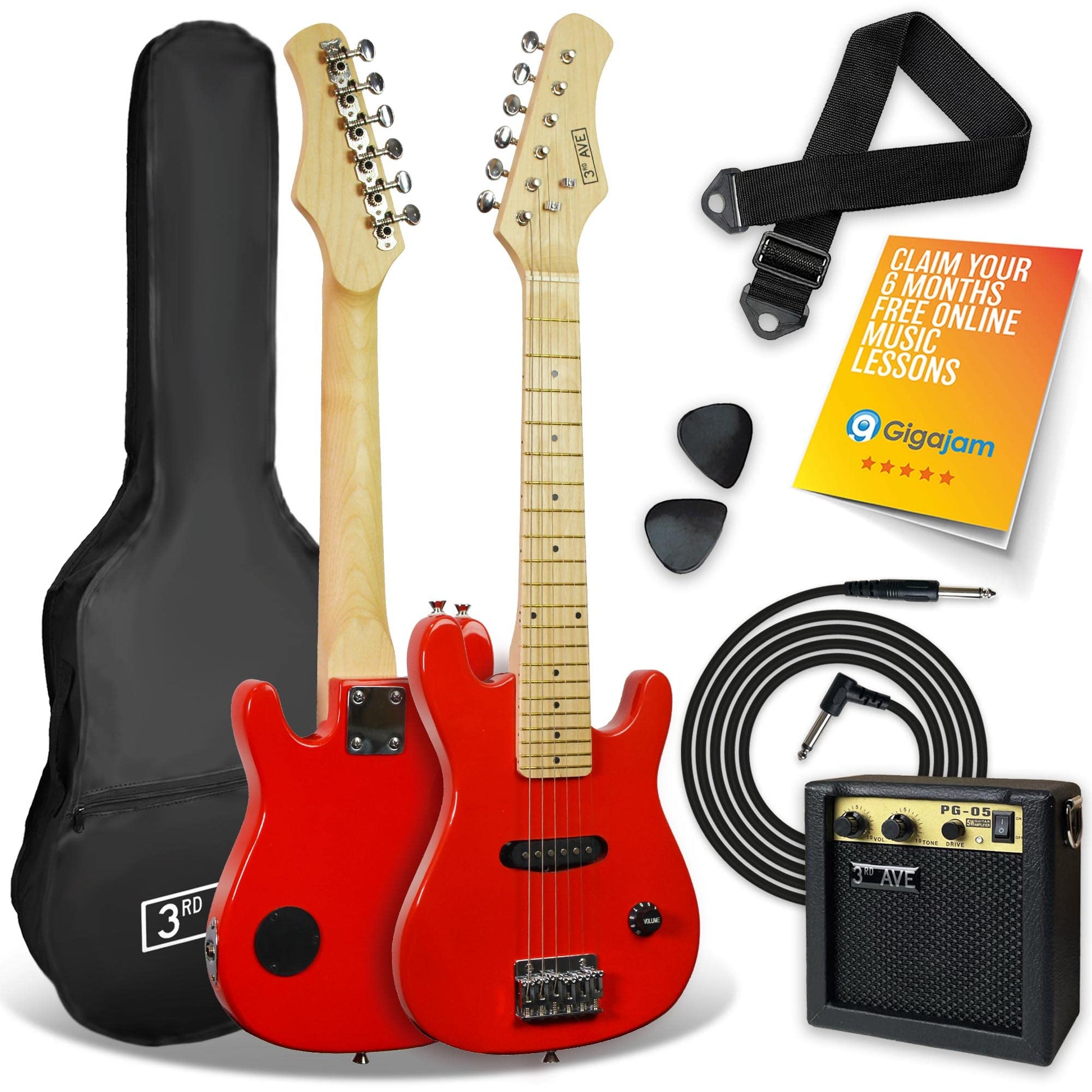 Red 3rd Avenue 1/4 size kids electric guitar pack with portable 5W amp, cable, bag, picks, and strap for beginner musicians.