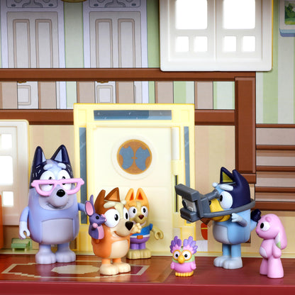Bluey exclusive Ultimate Lights and Sounds Playhouse with toy box, 29 accessories, 4 characters, dance floor, lights, and 50 sounds and phrases.