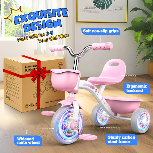 HappyGoLucky Pink Tricycles Toys for 2-5 Year Old Girls Gifts, Balance Bike 2 3 4+ 5 Year Old with 3 Colorful Lighting Wheels & Adjustable Seat, Baby Toddler Kids Cycle Trikes Bike Girls Toys Age 2-5