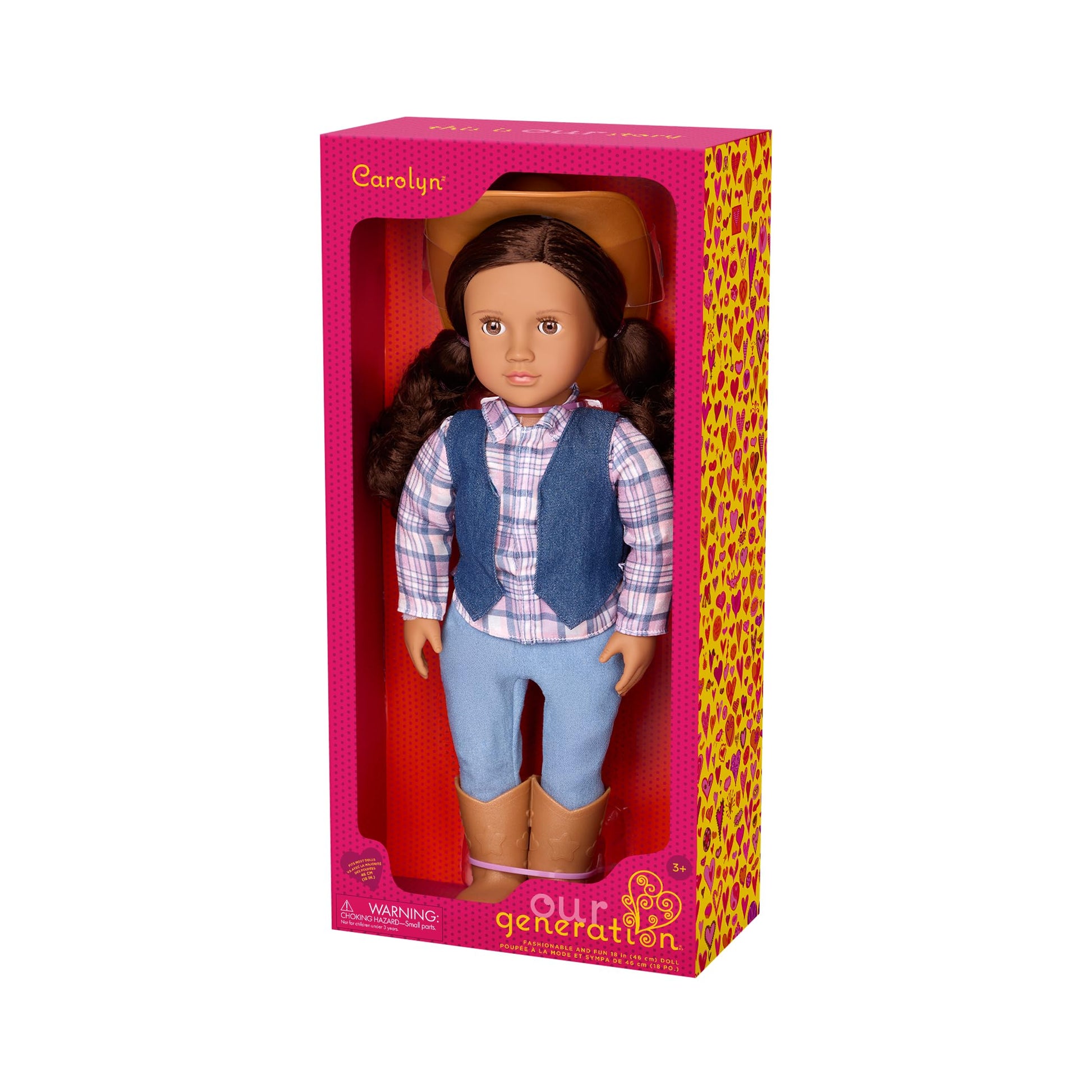 18-inch Our Generation Carolyn Cowgirl Doll wearing tall riding boots and a cowboy hat, with lifelike brown eyes.