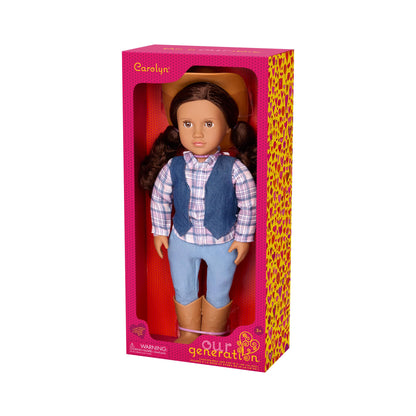 18-inch Our Generation Carolyn Cowgirl Doll wearing tall riding boots and a cowboy hat, with lifelike brown eyes.