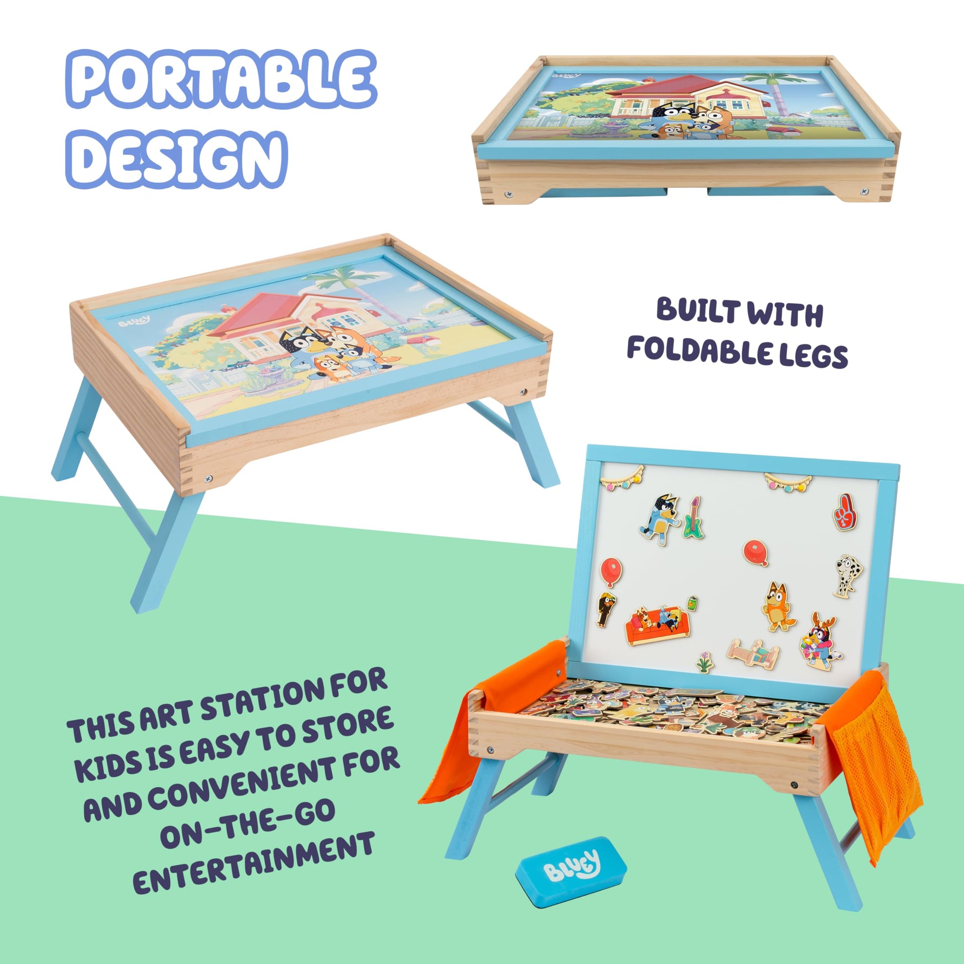 Bluey 102D Creation Station for kids, a blue 2-in-1 magnetic whiteboard and lap tray with sturdy design for learning and snacks.