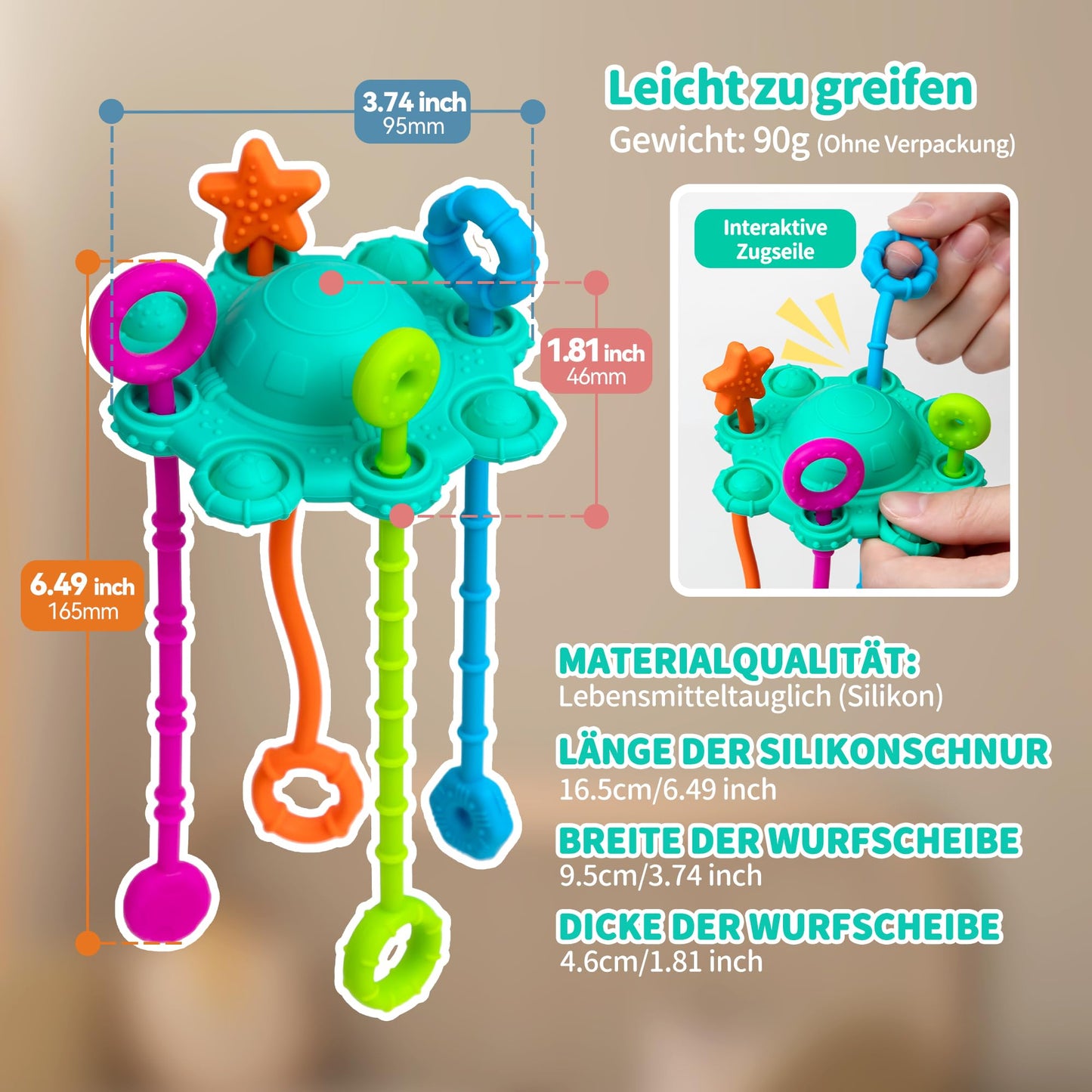 ROWFEN Baby Travel Toys - Montessori Silicone Pull String Toy Develops Sensory Skills for Babies, Built-in Rattle and Soft Press Function, Safe and Easy to Clean Design (Spearmint)
